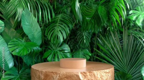 white product display podium with tropical nature leaves