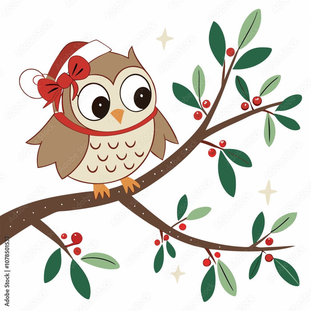 Obraz premium A cute owl wearing a Santa hat and bow sits on a holly branch, perfect for Christmas cards, decorations, or winter-themed designs. The illustration is full of festive cheer.