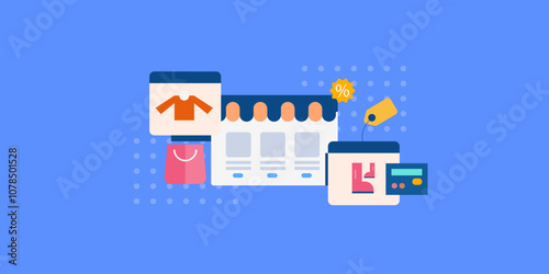 Ecommerce website online shopping cart, sales discount coupon and shopping bag product display.