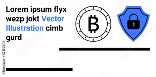 Bitcoin symbol, locked shield emblem, and placeholder text. Ideal for cryptocurrency, blockchain, cybersecurity, fintech, digital currency, online security, and finance. Landing page