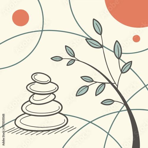 A serene illustration of a Zen garden with stacked stones, delicate branches, and abstract circular elements. This minimalist design evokes a sense of peace and tranquility, perfect for meditation.