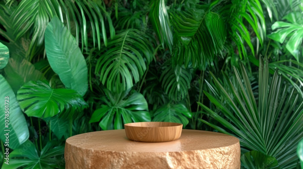 Wooden product display podium in jungle forest and sunshine shadow background. Product presentation theme. Nature and Organic cosmetic and food concept. Wooden product display podium in jungle forest and sunshine shadow background. Product presentation theme. Nature and Organic cosmetic and food concept.