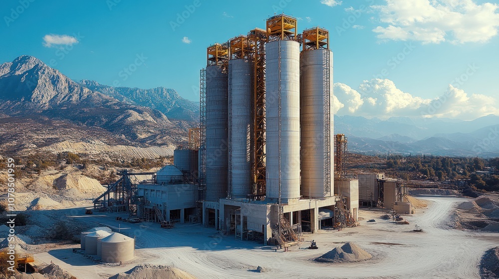 Obraz premium Industrial facility with silos amidst mountainous landscape.