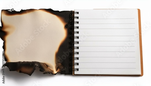 notebook paper burned half isolated on white background with clipping path