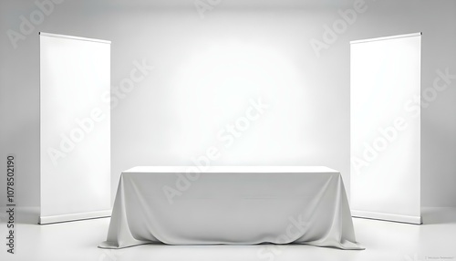 A white table in an empty white room and blank white banner boards for signage copy space, trade show exhibition set up
