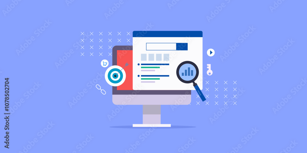 Keyword research and SEO marketing analytics concept. Display search content on web browser, concept. Keyword research and SEO marketing analytics concept. Display search content on web browser, concept.