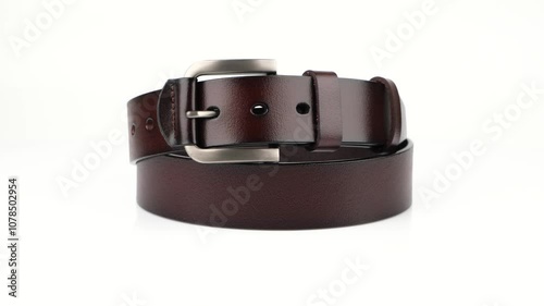 Fashionable leather belt with buckle dark burgundy rotates on white background. Video in 4K resolution