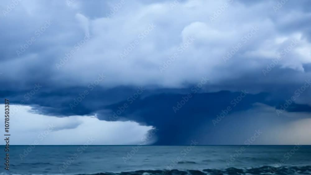 Dark storm clouds loom over a calm ocean, creating a dramatic seascape. Dark storm clouds loom over a calm ocean, creating a dramatic seascape.