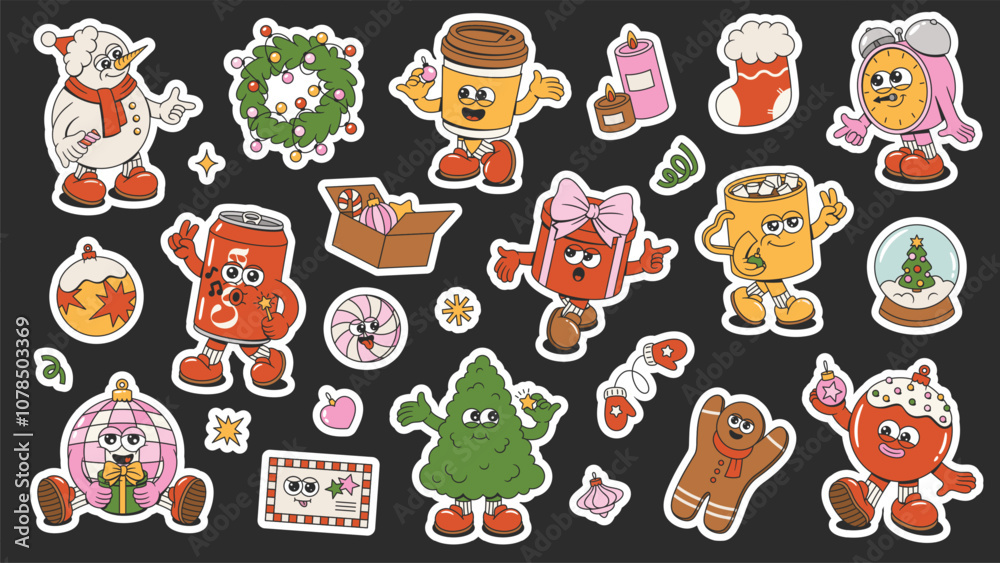 Obraz premium Merry Christmas and Happy New Year sticker pack. Pin tree, snowman, gingerbread, wreath, gifts, balls, clock, cups of trendy retro mascot style. Vector groovy cartoon set.