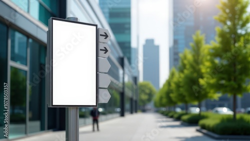 High-quality outdoor wayfinding mockup with blank signs and a blurred cityscape background, perfect for presentations.