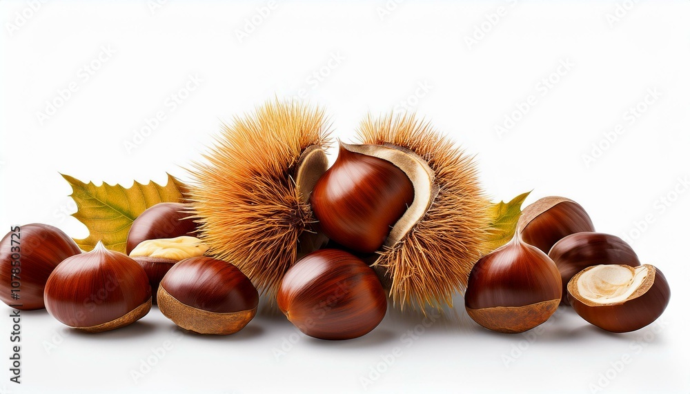 falling chestnuts on bunch on white background