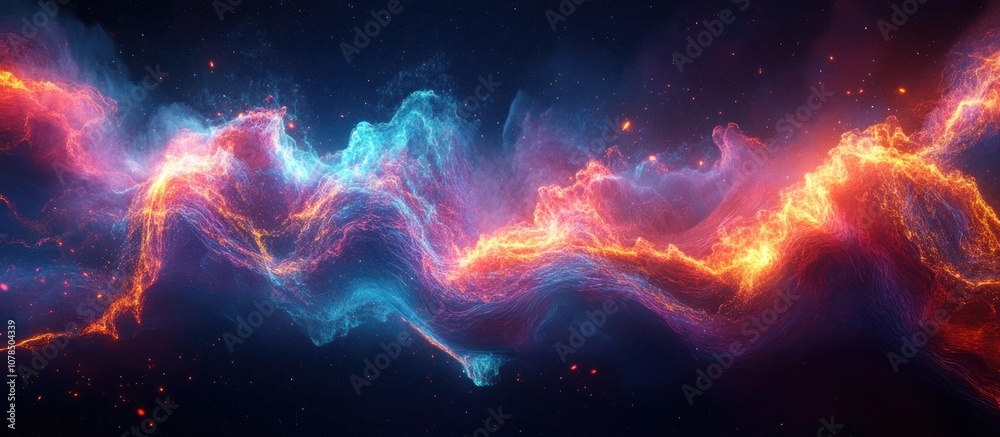Abstract blue and orange glowing cloud formation in space.
