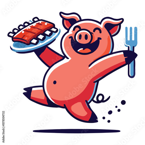 cartoon of a cheerful pig holding a plate of barbecued ribs