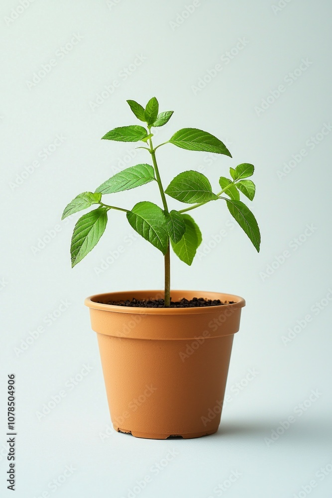 A small potted plant, simple and minimalist in style, with green leaves on the pot, solid color background. A small potted plant, simple and minimalist in style, with green leaves on the pot, solid color background.