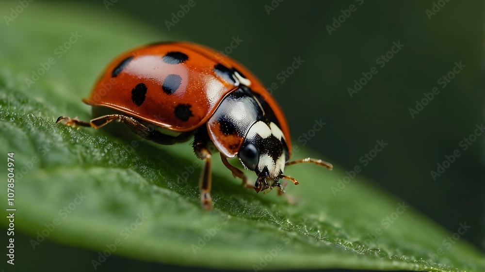 A ladybug with black spots and white markings perched on a green leaf A ladybug with black spots and white markings perched on a green leaf