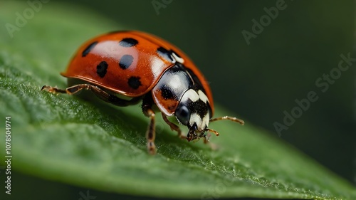 A ladybug with black spots and white markings perched on a green leaf