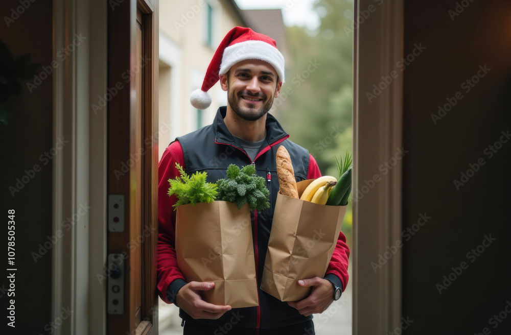 Fototapeta premium Smiling man in santa hat delivering groceries at door during holidays