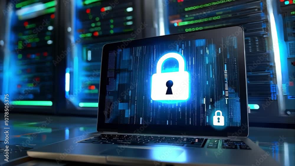 A laptop displaying a digital lock symbol, set against a backdrop of server racks and glowing indicators, suggests cybersecurity themes.