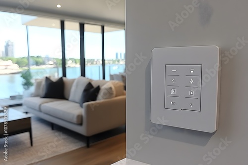 Wallpaper Mural A modern smart switch on a wall with a stylish living room and waterfront view. Torontodigital.ca