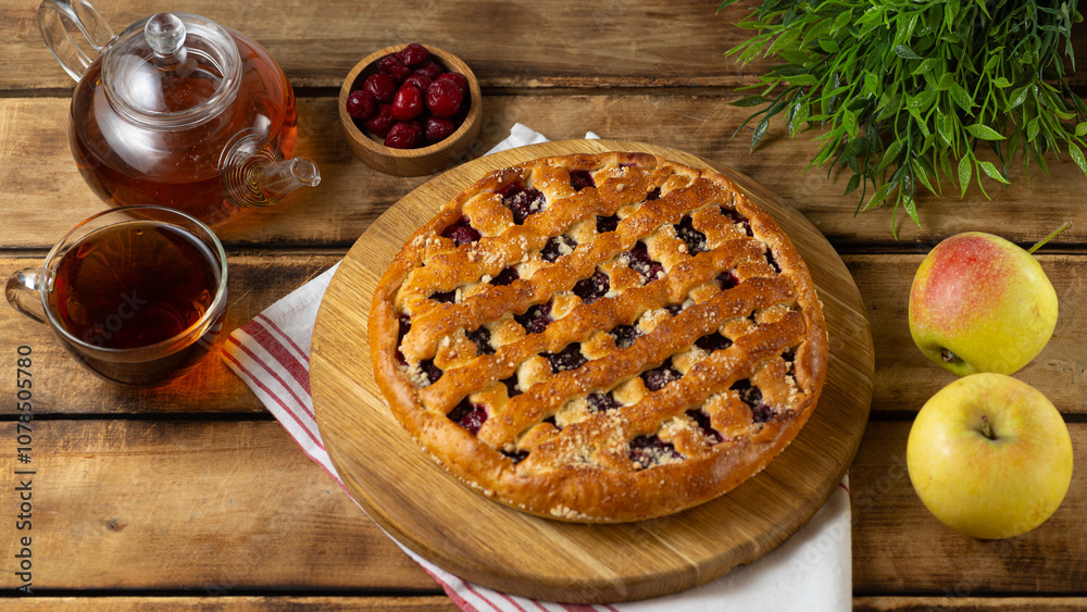Homemade Apple and Berry Pie served with cup of Tea and some Fresh Apples on rustic wooden background. Homemade Apple and Berry Pie served with cup of Tea and some Fresh Apples on rustic wooden background.