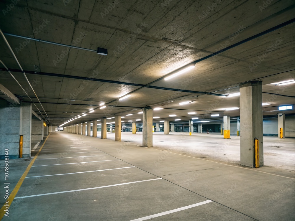 Empty Concrete Parking Garage with Fluorescent Lighting and Ample Copy Space for Creative Uses in Urban Design, Architecture, and Modern Infrastructure Visuals