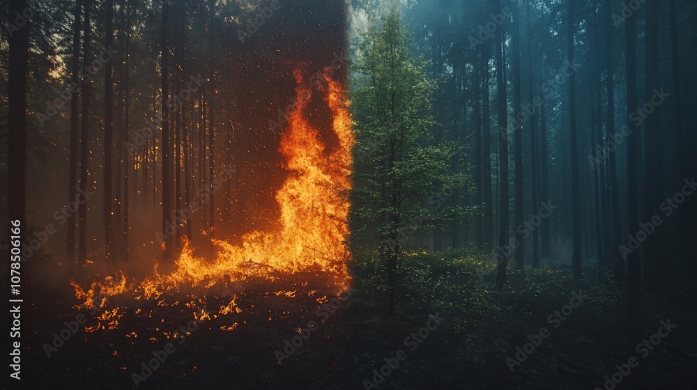A single tree stands between a raging fire and a dense forest, illustrating the contrast between destruction and resilience.