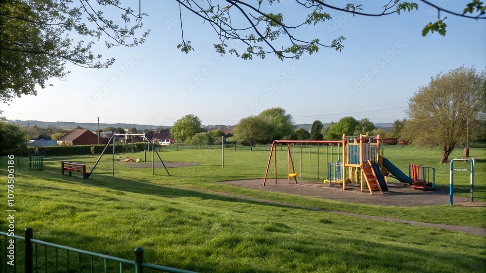Empty Primary School Playground with Colorful Equipment and Lush Grass, Capturing the Tranquility and Anticipation of Playtime in a Beautiful Landscape Setting Empty Primary School Playground with Colorful Equipment and Lush Grass, Capturing the Tranquility and Anticipation of Playtime in a Beautiful Landscape Setting