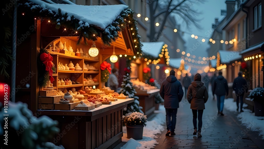 A cozy Christmas fair decorated with warm lights and holiday decorations A cozy Christmas fair decorated with warm lights and holiday decorations