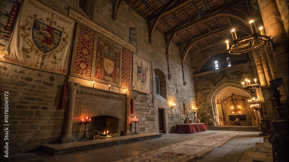 Obraz premium Enchanted Portrait Photography Inside a Medieval Castle Featuring Stone Walls, Tapestries, Candlelight, and Rich Historical Textures for a Captivating Atmosphere