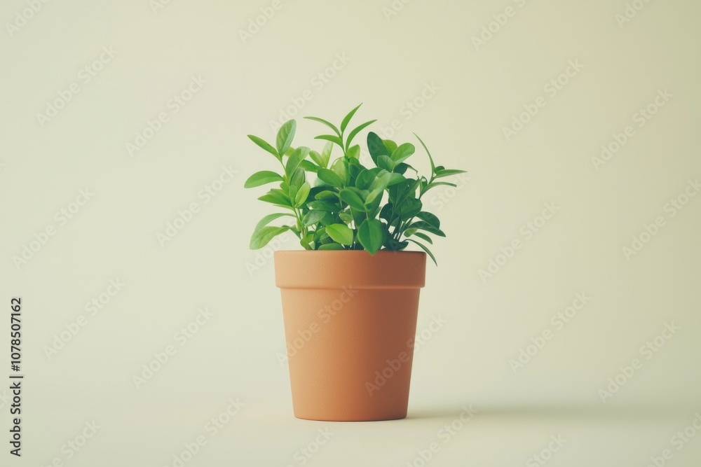 Fototapeta premium A small potted plant, simple and minimalist in style, with green leaves on the pot, solid color background.