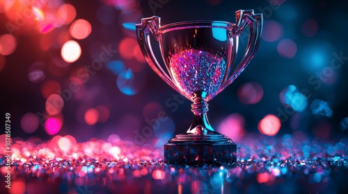 A sleek chrome trophy set against a sparkling background of pink and blue bokeh effects, creating a modern and eye-catching representation of achievement. photo