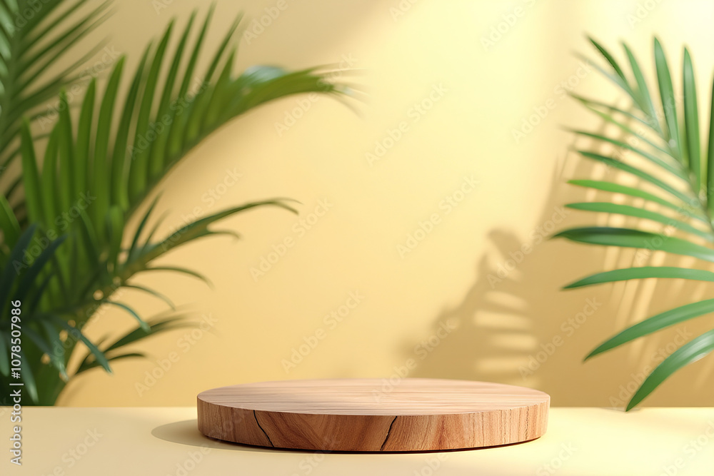 Minimal natural wood podium with green palm leaf with sunlight background. Minimal wooden stand for branding and packaging presentation Minimal natural wood podium with green palm leaf with sunlight background. Minimal wooden stand for branding and packaging presentation