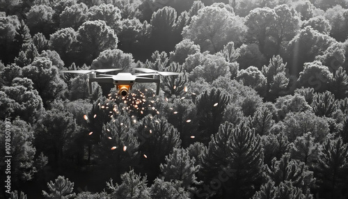 A drone releasing seeds over a lush forest, with the seeds glowing to represent genetically enhanced biodiversity