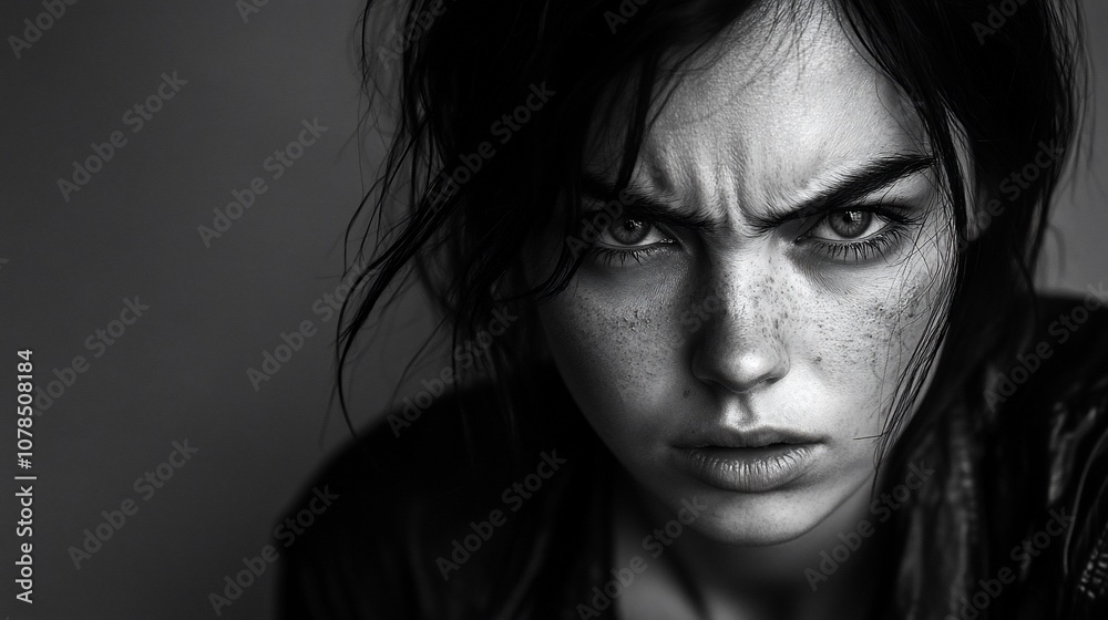 A young woman with dark hair and freckles stares intensely at the camera with a serious expression. A young woman with dark hair and freckles stares intensely at the camera with a serious expression.