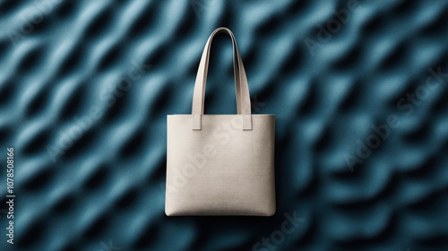 A beige tote bag with long handles centered against a dark blue textured background featuring wavy patterns photo