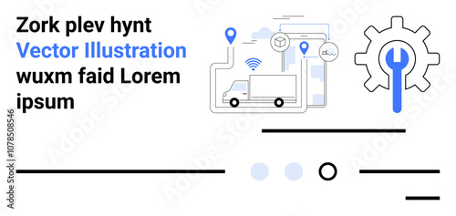 Gear with wrench, truck with wireless signal, location pins, and digital interfaces. Ideal for logistics, delivery, maintenance, tracking, automation, technology integration, and fleet management