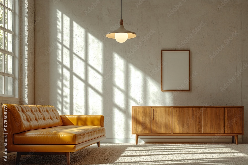 Fototapeta premium A Scandinnabian interior design in the living room with minimalist, wood cabinetry and yellow sofa and pendant lighting. Generative AI 