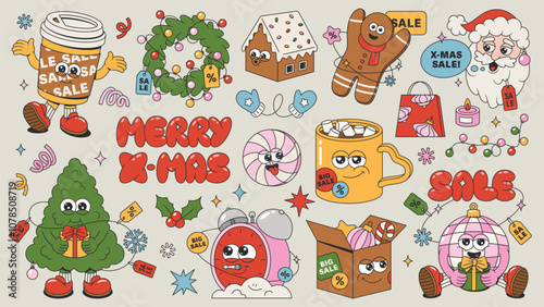 Retro Merry Christmas sale collection. Tree, Santa Claus, gingerbread, sweets, wreath, garland, gifts, ball, sale tags of trendy vintage mascot style. Groovy cartoon new year pack.