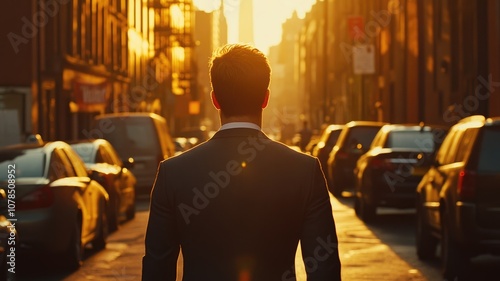 Man Walking Towards a Golden Future: A man in a suit walks confidently towards the golden sun setting over a bustling city skyline. The urban landscape is full of possibilities, representing ambition. photo