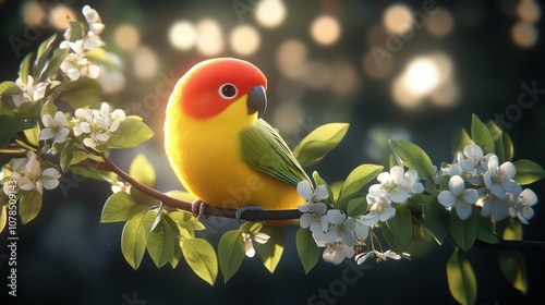 A colorful parrot perched on a branch with white blossoms, bathed in warm sunlight.