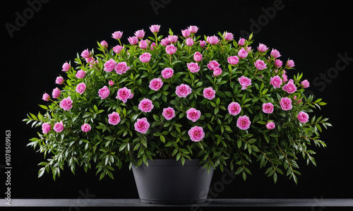 A potted rose bush with pink flowers blooms against a black background