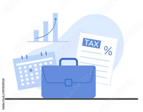 Business finance concept with a briefcase, tax document, calendar, and growth graph. Tax planning and investment illustration