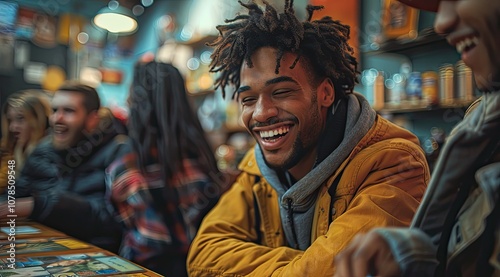 A group of friends laughing and having fun together at a cafe.