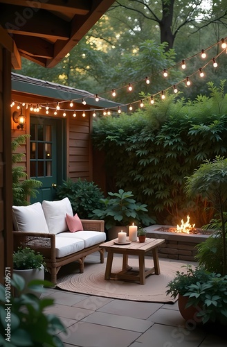 Cozy seating area on the outdoor terrace with garlands and greenery in the garden