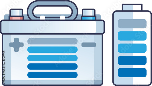 Illustration of a battery with positive and negative terminals, symbolizing energy storage and power supply.