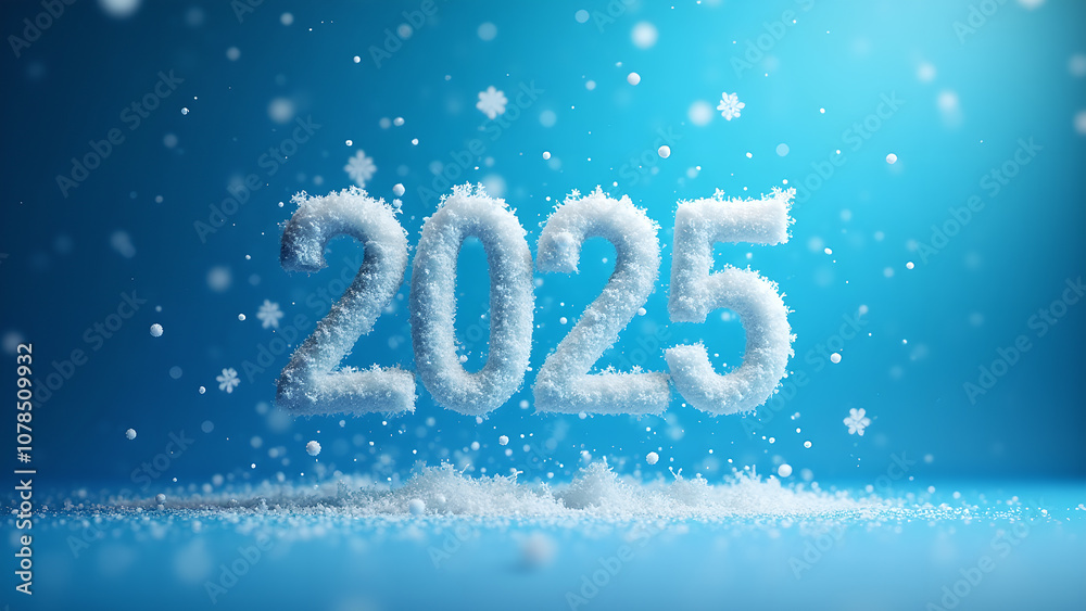 The year 2025 is rendered in white, with a winter theme featuring snowflakes and a snow like texture, against a blue background, creating a visual representation of the coming year.