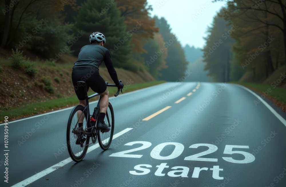 Fototapeta premium Cyclist on rainy road with 2025 start line in forest setting