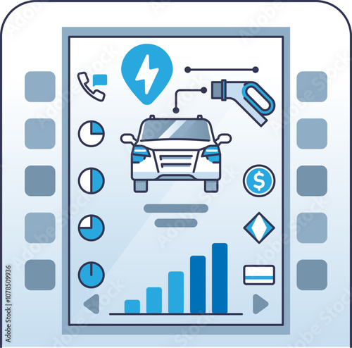 Illustration of an electric vehicle charging interface with data analytics.