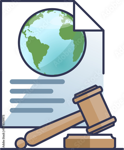 A gavel and document with Earth symbolize global climate policy and legal action.
