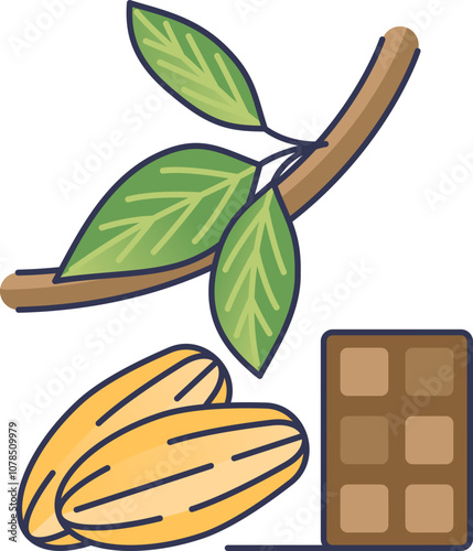 Cocoa beans, leaves, and chocolate bar symbolize the journey from plant to treat.